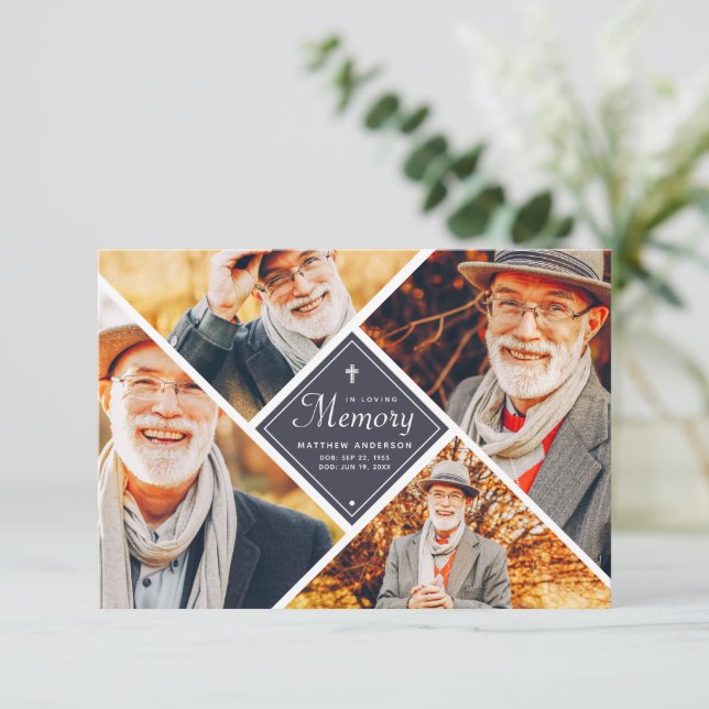 In Loving Memory Modern Cross Multi Photo Thank You Card (Standing Front)