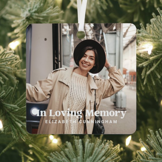 In Loving Memory Modern Custom Photo Memorial Metal Ornament (Insitu)