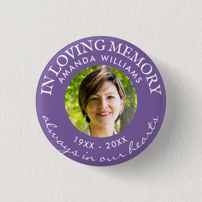 In Loving Memory Modern Purple Photo Memorial 1 Inch Round Button (Front)