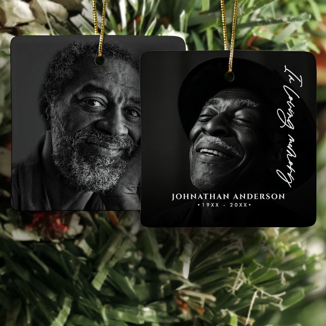 In Loving Memory Modern Script Name & 2 Photos Ceramic Ornament (Creator Uploaded)