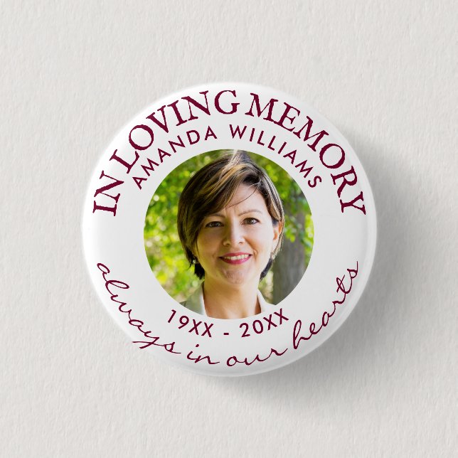 In Loving Memory Modern White Photo Memorial Red 1 Inch Round Button (Front)