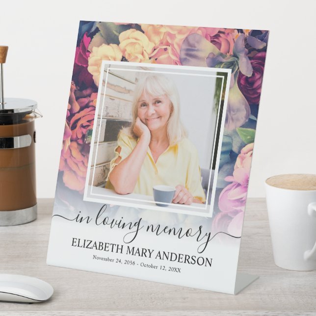 In Loving Memory Moody Floral Funeral Photo Pedestal Sign (In SItu)