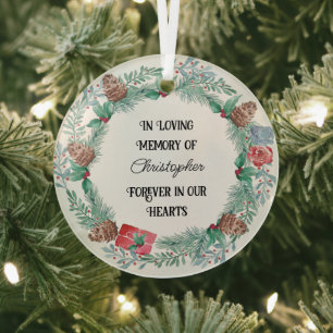 In Loving Memory Name Forever in Heart Pine Wreath Glass Ornament