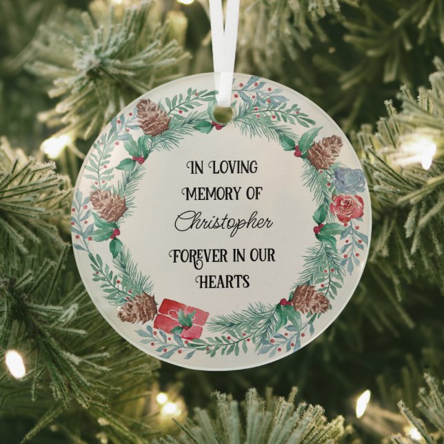 In Loving Memory Name Forever in Heart Pine Wreath Glass Ornament (Insitu)