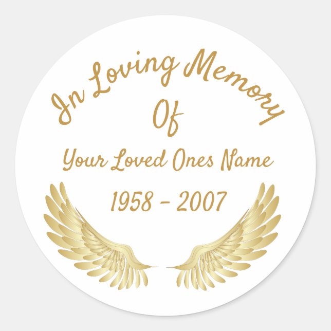 In Loving Memory Of Gold Angel Wings Classic Round Sticker (Front)