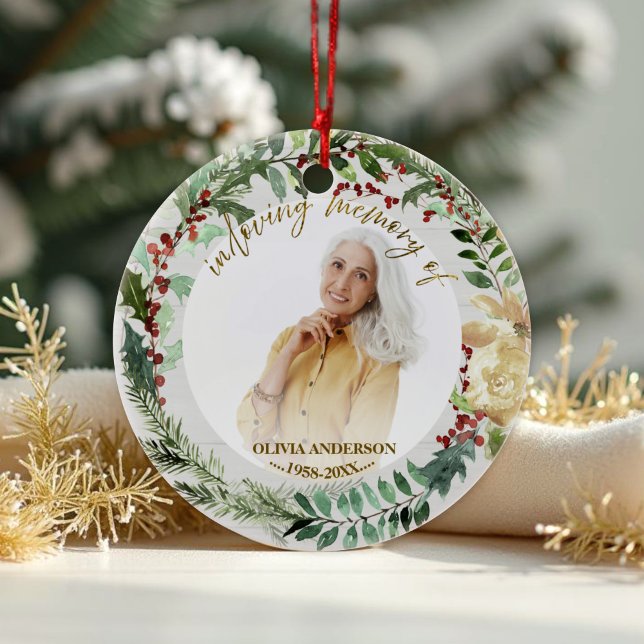 In Loving Memory of | Wreaths Photo Memorial  Ceramic Ornament (Creator Uploaded)