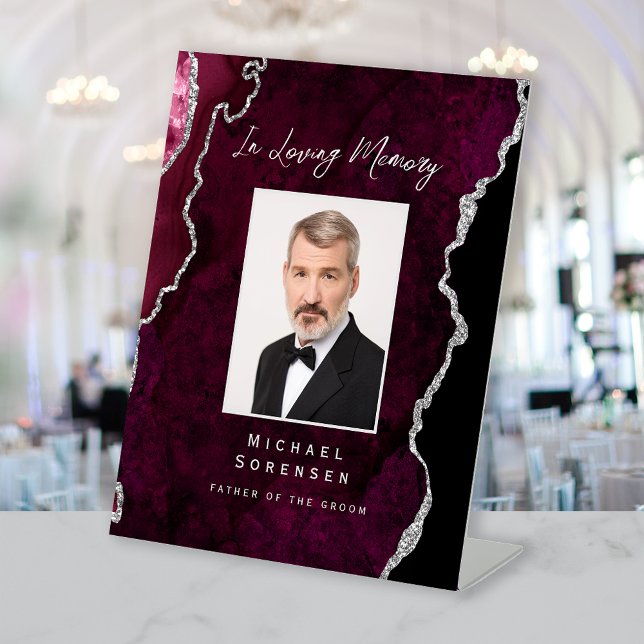 In Loving Memory Photo Burgundy Silver Agate Pedestal Sign (Creator Uploaded)