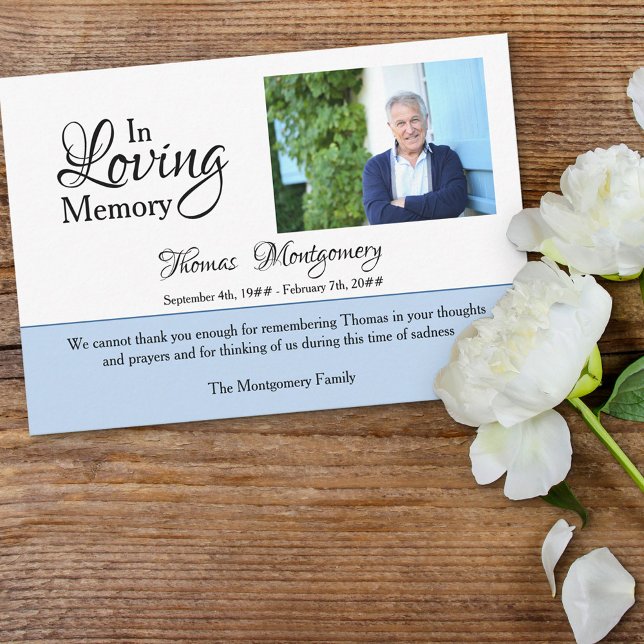 In Loving Memory Photo Elegant Script Blue Funeral Thank You Card (Creator Uploaded)