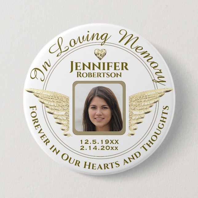In Loving Memory Photo Gold and White 3 Inch Round Button (Front)