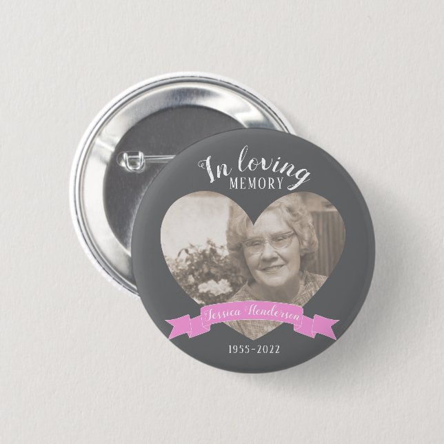 In loving memory photo heart pink ribbon button (Front & Back)