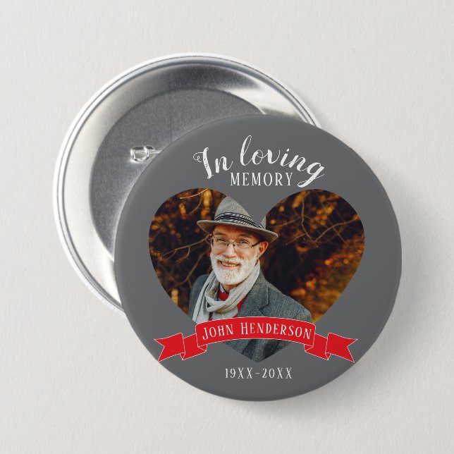 In loving memory photo heart red ribbon button (Front & Back)
