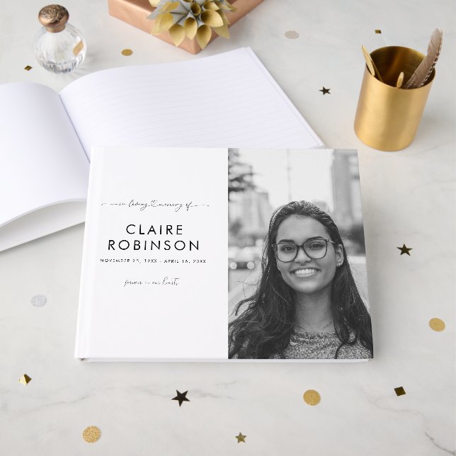 In Loving Memory Photo Heart Script Funeral Classy Guest Book (Front Open)