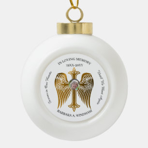 In Loving Memory Photo Keepsake Cross with Wings Ceramic Ball Christmas Ornament