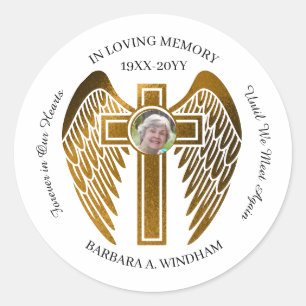 In Loving Memory Photo Keepsake Cross with Wings Classic Round Sticker