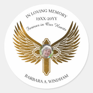In Loving Memory Photo Keepsake Cross with Wings Classic Round Sticker