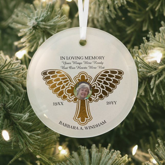 In Loving Memory Photo Keepsake Cross with Wings Glass Ornament (Insitu)