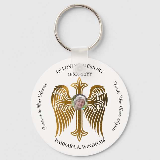 In Loving Memory Photo Keepsake Cross with Wings K Keychain (Front)