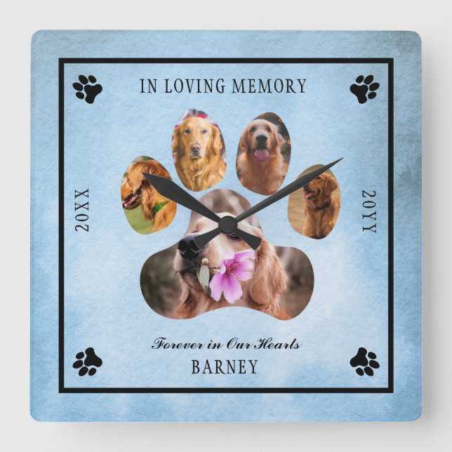 In Loving Memory Photo Pet Memorial -   Blue Black Square Wall Clock (Front)