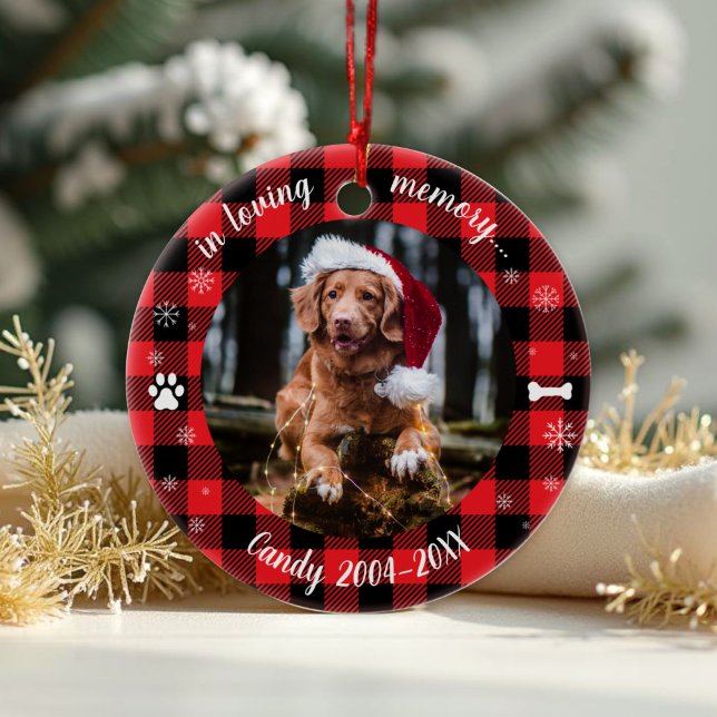In Loving Memory Photo Pet Memorial Buffalo Check Ceramic Ornament (Creator Uploaded)