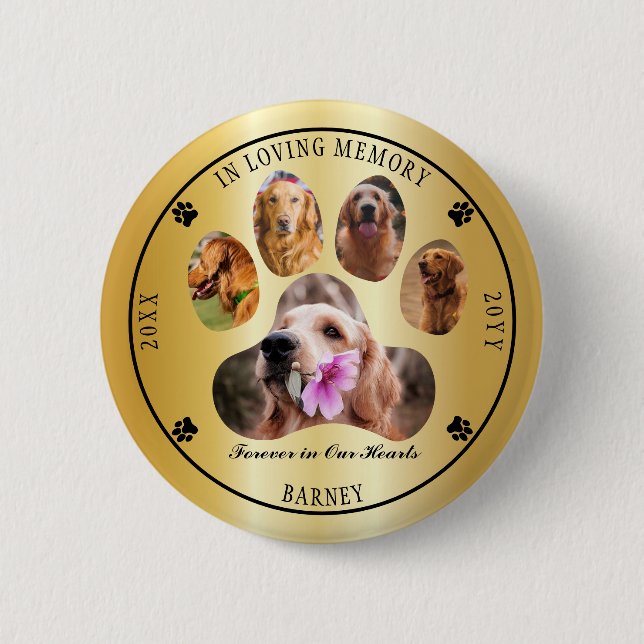 In Loving Memory Photo Pet Memorial - Gold 2 Inch Round Button (Front)