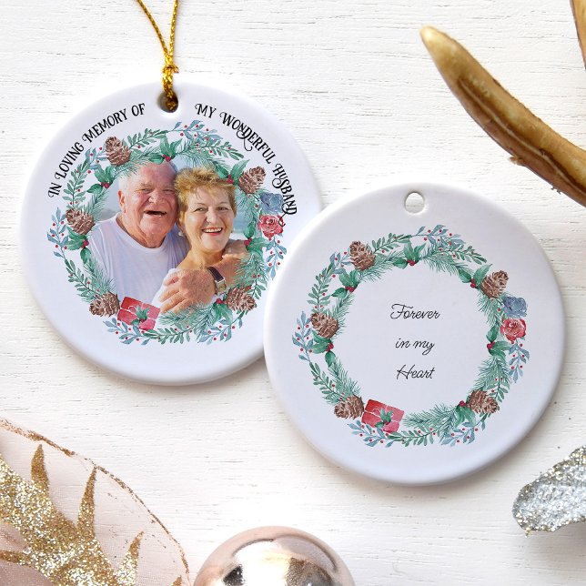 In Loving Memory Photo Pine Cone Wreath Ceramic Or Ornament (In loving memory ornament with watercolor christmas wreath and photo)