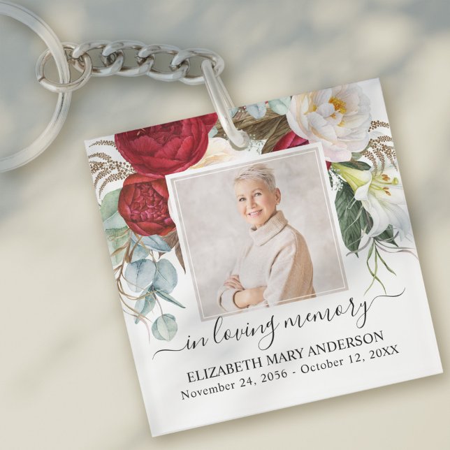 In Loving Memory Photo Red White Floral Memorial Keychain (Creator Uploaded)