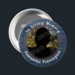 In Loving Memory Photo Remembrance Button<br><div class="desc">All text is adjustable! Rustic wood textured circle border. Text reads "in loving memory" and personalized name option. Great keepsake for family and friends at your celebration of life celebration.</div>
