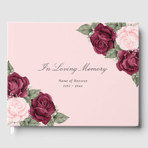 In Loving Memory Pink Burgundy Red Floral Funeral Guest Book