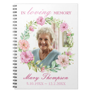 In Loving Memory Pink Floral Wreath Photo Funeral Notebook