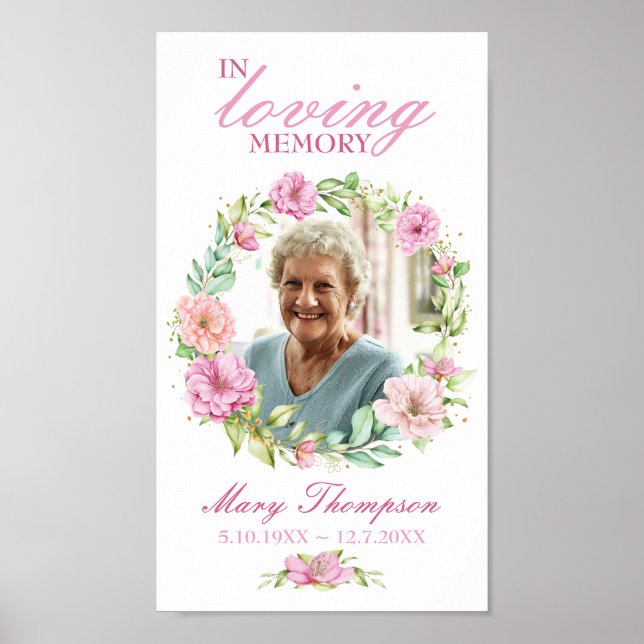 In Loving Memory Pink Floral Wreath Photo Funeral Poster (Front)