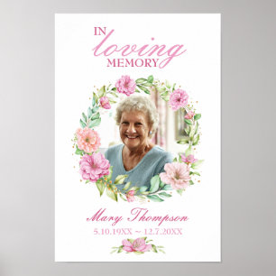 In Loving Memory Pink Floral Wreath Photo Funeral Poster