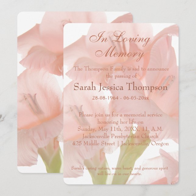 In Loving Memory - Pink Flower Memorial Service Invitation (Front/Back)