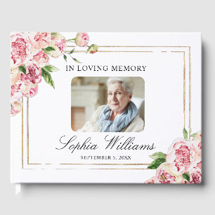 In Loving Memory Pink Flowers & Green Funeral Guest Book