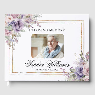 In Loving Memory Purple & Blush Pink Rose Funeral Guest Book