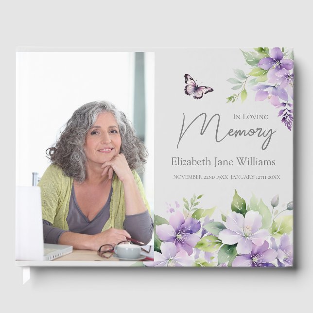 In Loving Memory Purple Floral 1 Photo  Guest Book (Front)