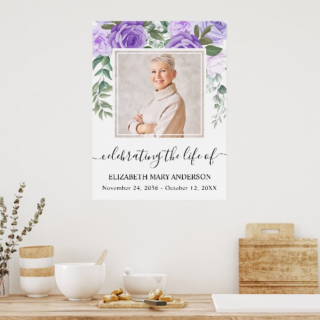 In Loving Memory Purple Floral Photo Poster (Kitchen)