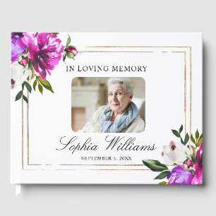 In Loving Memory Purple Flowers & Green Funeral Guest Book