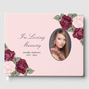 In Loving Memory Red Pink Floral Funeral Photo Guest Book