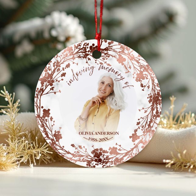 In Loving Memory Rose Foil Photo Memorial Ceramic Ornament (Creator Uploaded)