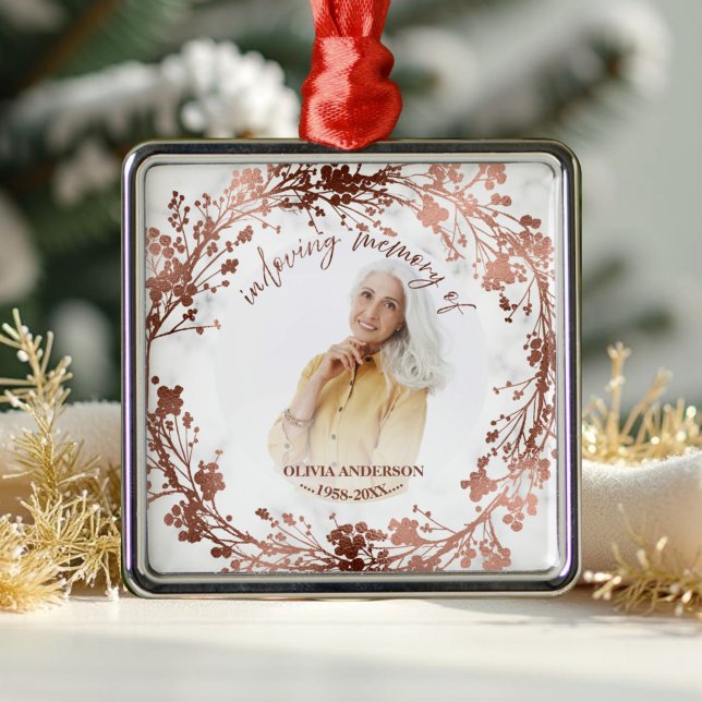 In Loving Memory Rose Foil Photo Memorial Metal Ornament (Creator Uploaded)