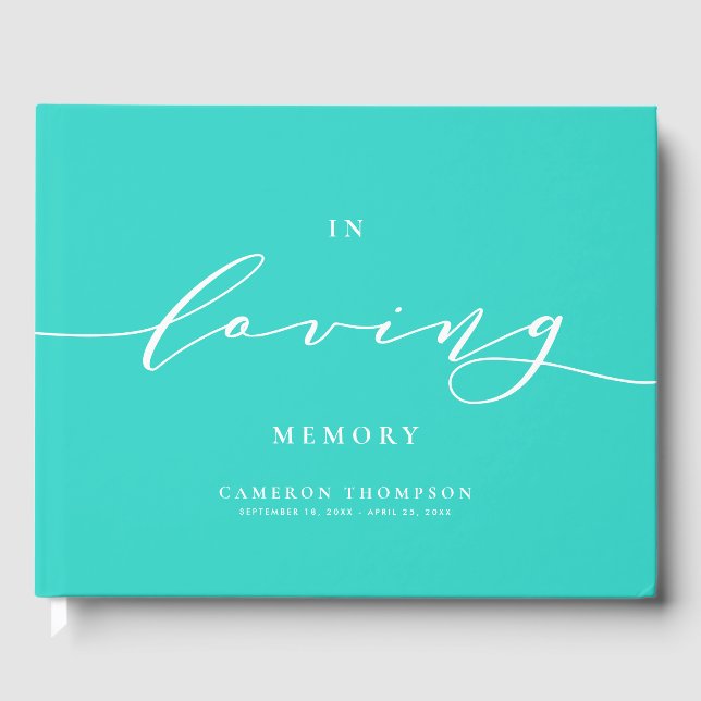 In Loving Memory Turquoise Dainty Script Funeral Guest Book (Front)