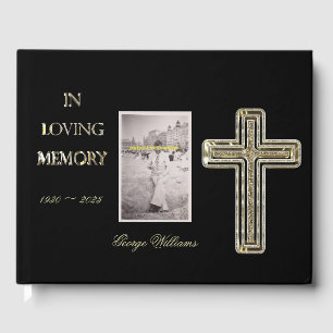 In Loving Memory Typography Golden Cross Elegant Guest Book