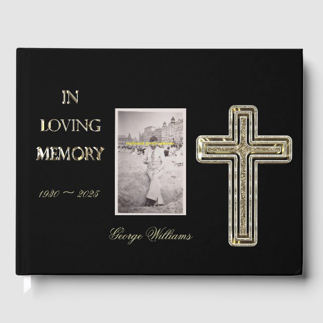In Loving Memory Typography Golden Cross Elegant Guest Book (Front)