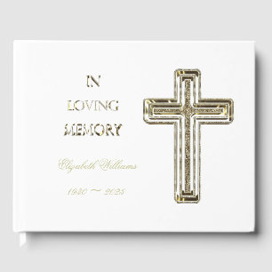 In Loving Memory Typography Golden Cross Elegant Guest Book