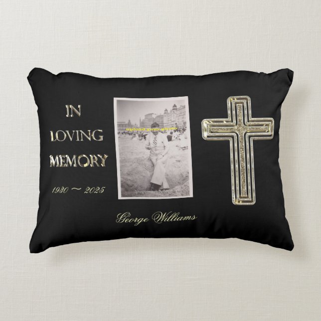 In Loving Memory Typography Golden Cross Photo Accent Pillow (Front)