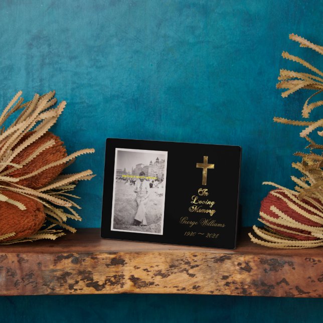 In Loving Memory Typography Golden Cross Photo Plaque (Side)