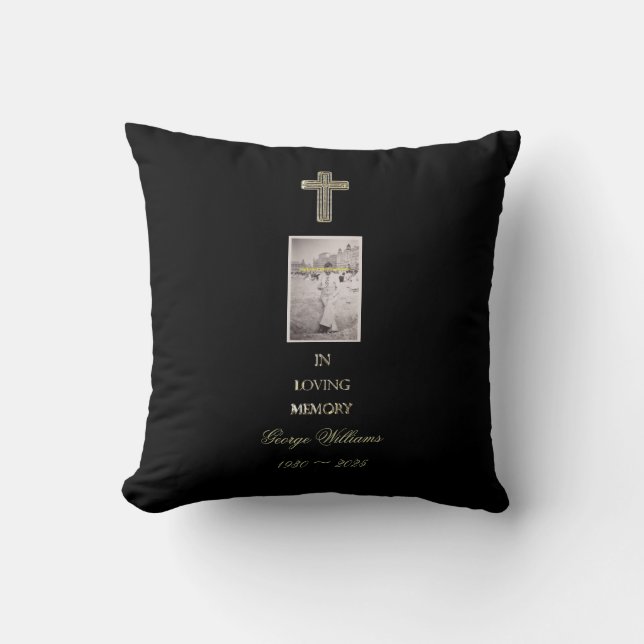 In Loving Memory Typography Golden Cross Photo Throw Pillow (Front)