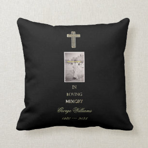 In Loving Memory Typography Golden Cross Photo Throw Pillow