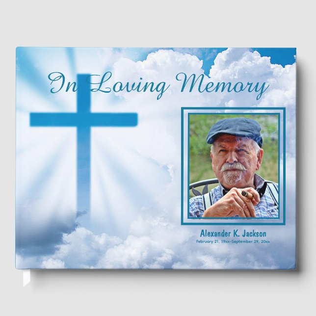 In Loving Memory White Clouds Blue Cross  Funeral Guest Book (Front)