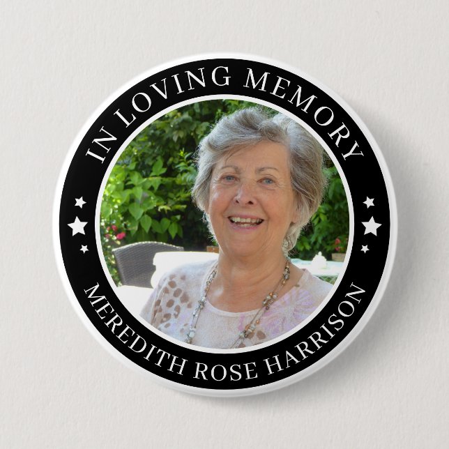In Loving Memory White Stars Black Photo Memorial 3 Inch Round Button (Front)